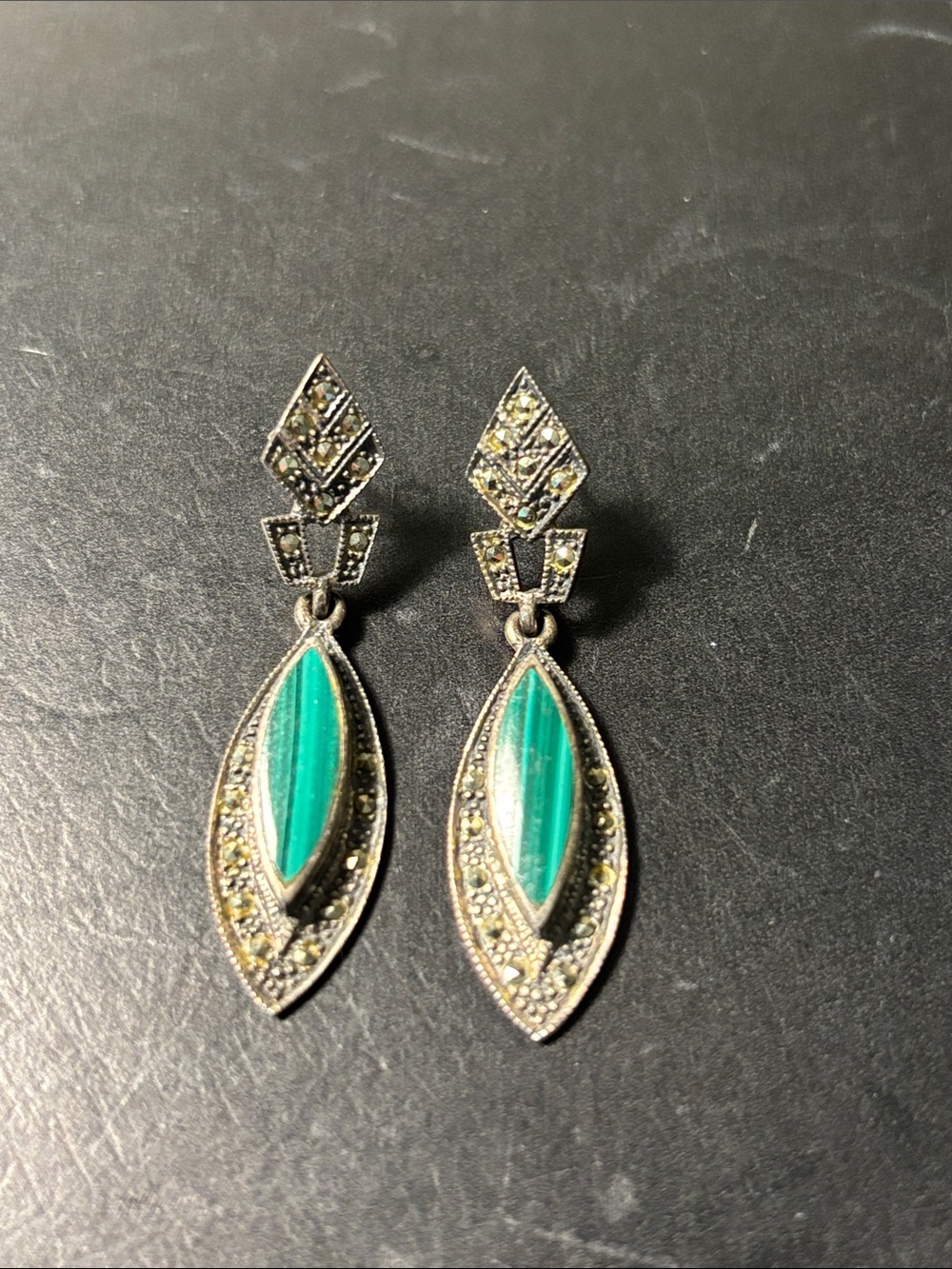 Vintage marcasite & malachite sterling silver earrings